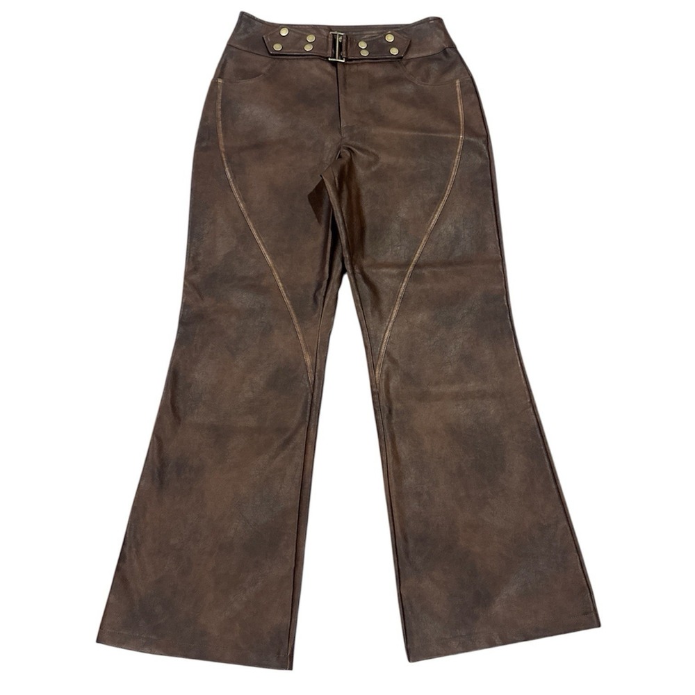 Forever 21 Brown Faux Leather Flare Pants Western Seam Detail Size L NWT